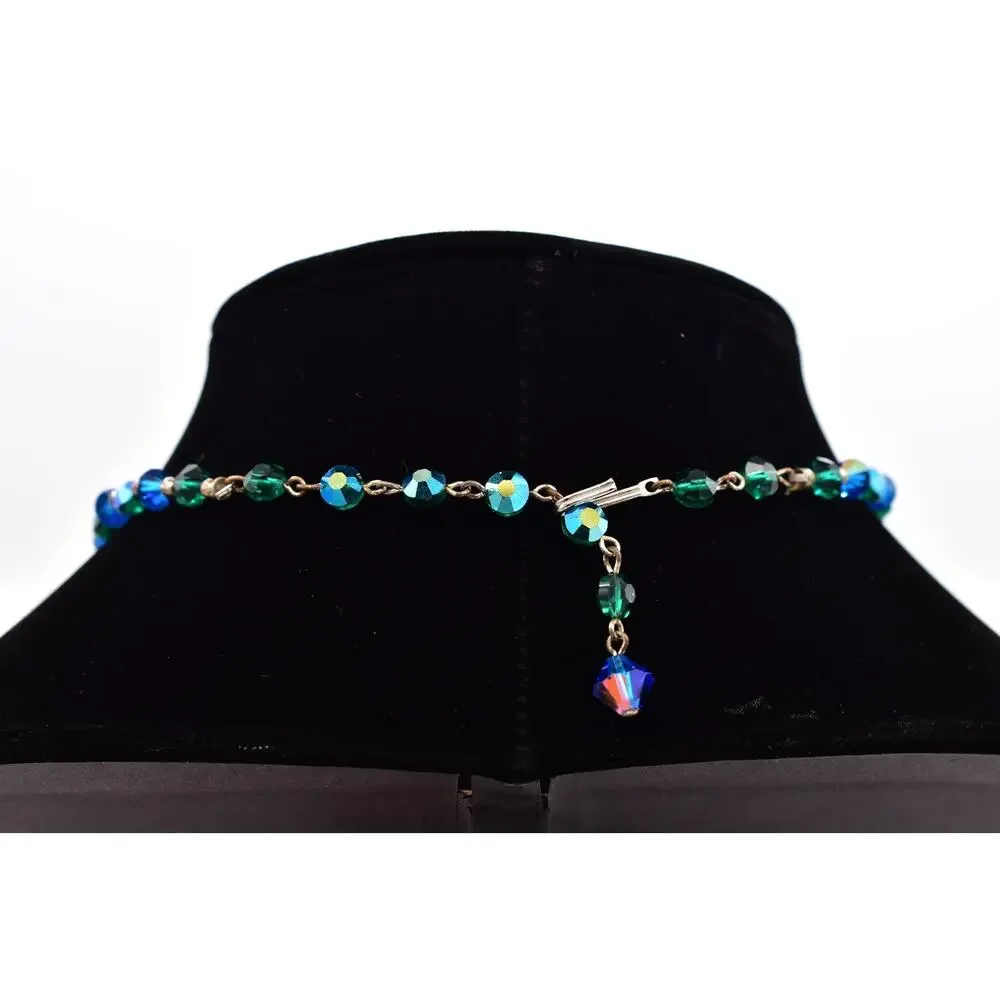 Vintage Blue Green Crystal Choker Necklace Sparkling Beaded Chunky 1960s BinBM